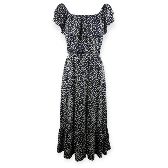 Silkfred Jolie Moi Navy Blue Animal Print Dress Off Shoulder Ruffle Tiered 8 12 - Picture 1 of 15